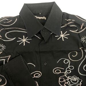Dragonfly Black Embroidered Long Sleeve  Shirt Y2k Made Russia XL
